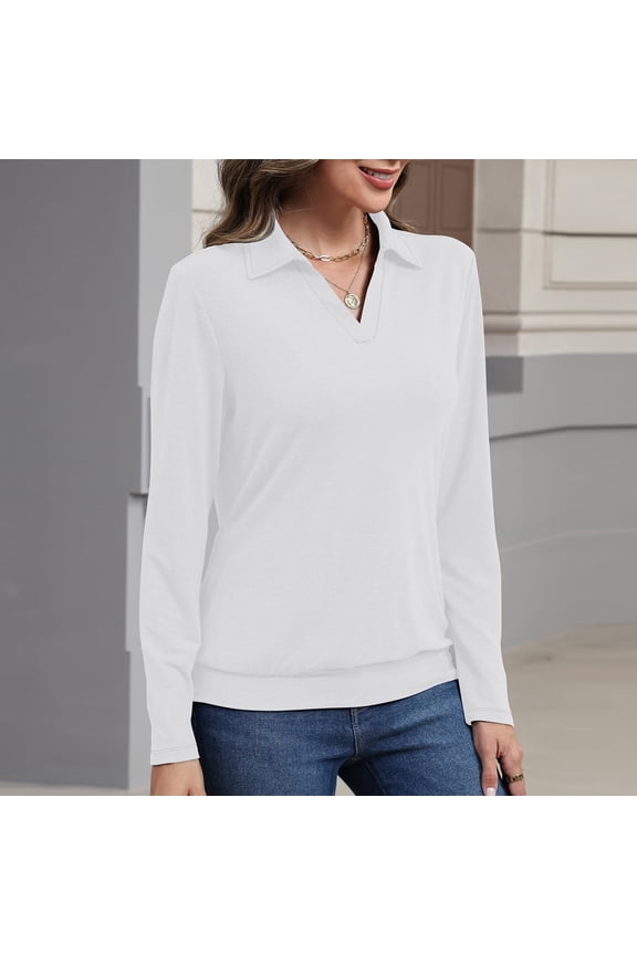 Women's Long Sleeve Polo Shirts Casual Solid Color V Neck Tops Fall Collar Ladies Tunics Tees White 2XL