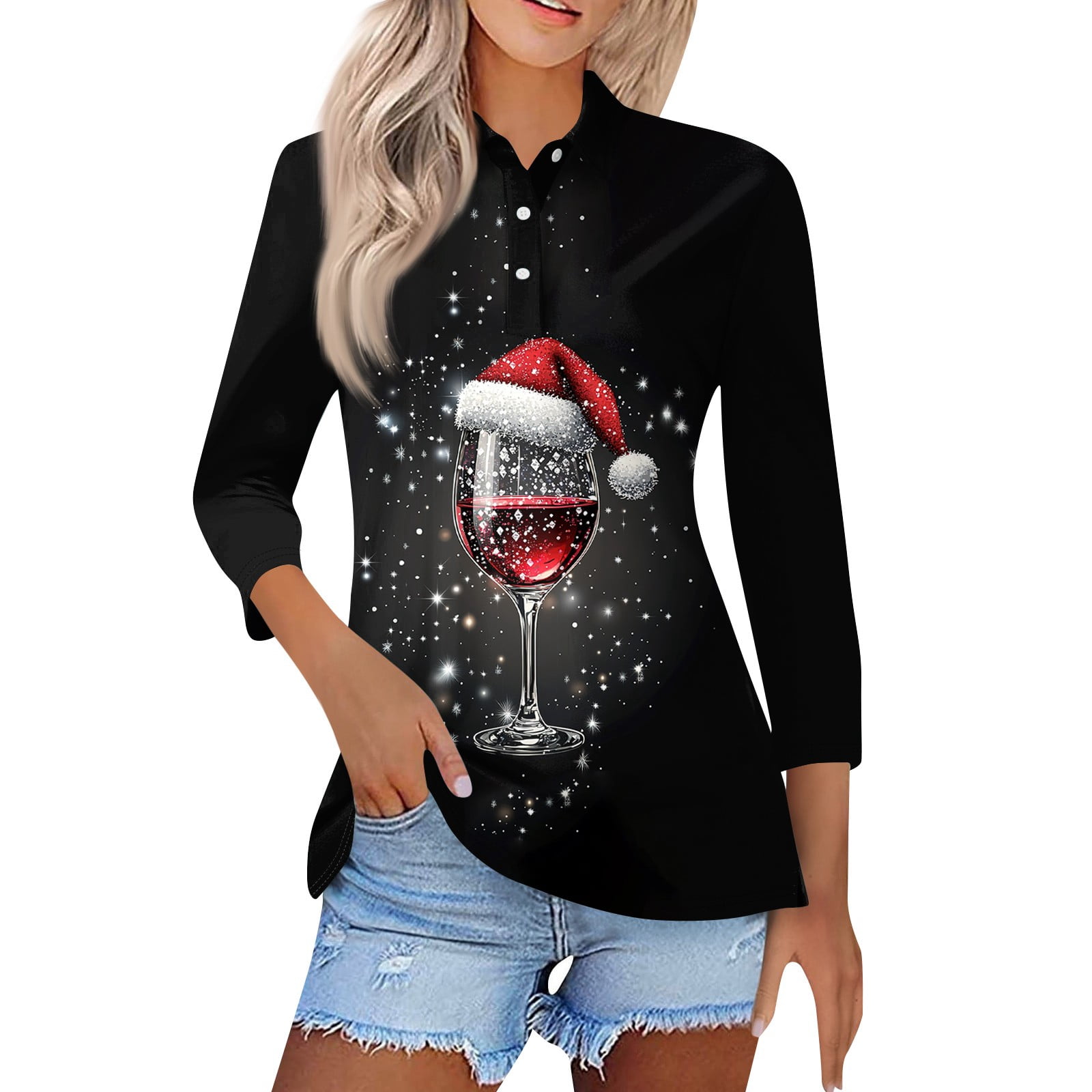 Women's Long Sleeve Polo Shirts V Neck Christmas Tree Graphic Shirts