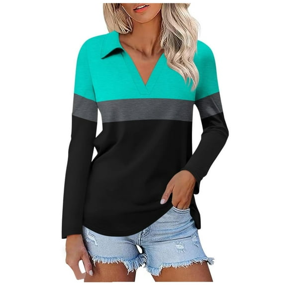 Women's Long Sleeve Polo Shirts V Neck Tunic Tops Dressy Casual Color Block Basic Tees Loose Collar Blouse 2025