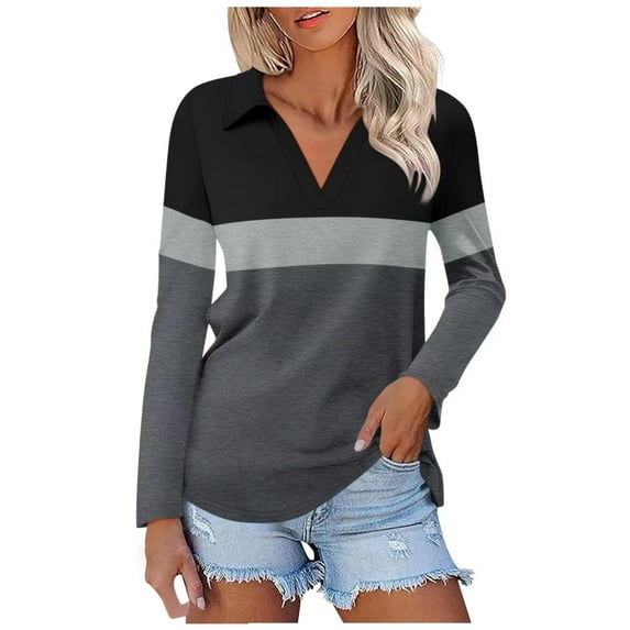 Women's Long Sleeve Polo Shirts V Neck Tunic Tops Dressy Casual Color Block Basic Tees Loose Collar Blouse 2025