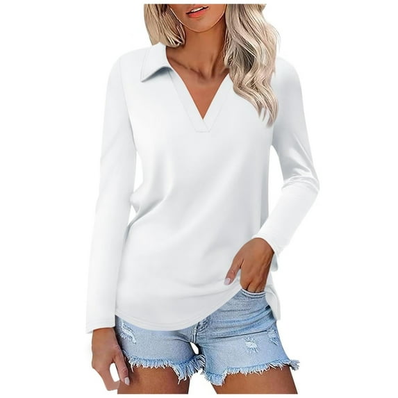 Women's Long Sleeve Polo Shirts V Neck Tunic Tops Dressy Casual Solid Basic Tees Loose Collar Blouse 2025