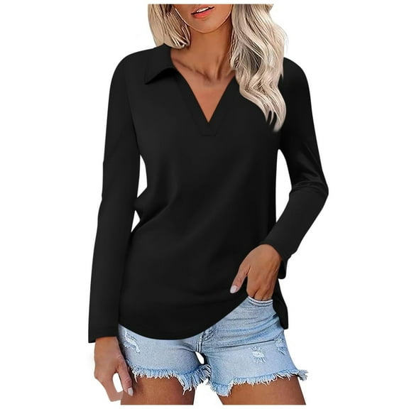 Women's Long Sleeve Polo Shirts V Neck Tunic Tops Dressy Casual Solid Basic Tees Loose Collar Blouse 2025