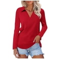 thumbnail image 1 of Women's Long Sleeve Polo Shirts V Neck Tunic Tops Dressy Casual Solid Basic Tees Loose Collar Blouse 2025, 1 of 3
