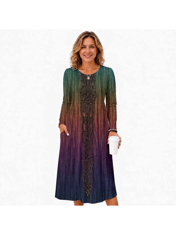 Women's Long Sleeve Print Swing Dress with Pockets, Casual Loose Fit A Line Midi Dress for Women