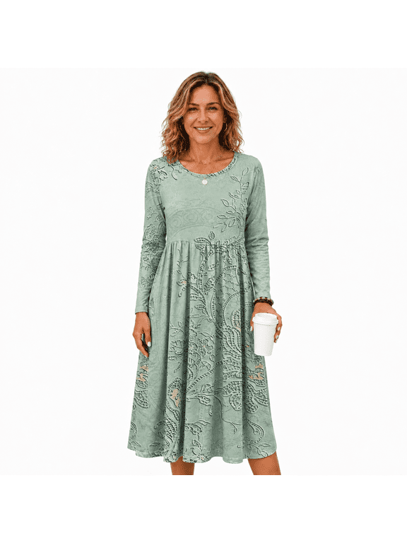 Women's Long Sleeve Print Swing Dress with Pockets, Casual Loose Fit A Line Midi Dress for Women