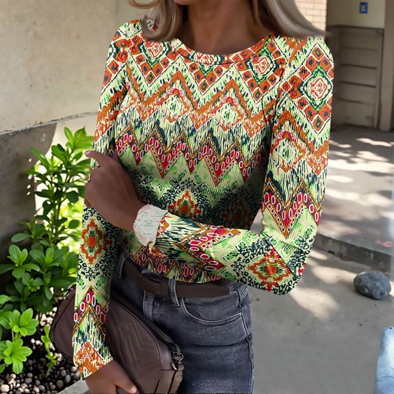 Women’s Long Sleeve Printed Crew Neck Top, Casual Slim Fit Lightweight Blouse for Daily Wear, Soft Stretchy Fabric