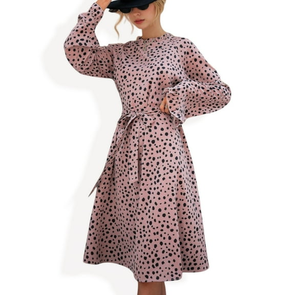 Women's Long Sleeve Printed Midi Dress with Ruffle Trim and Waist Tie - X Large, Mauve Pink