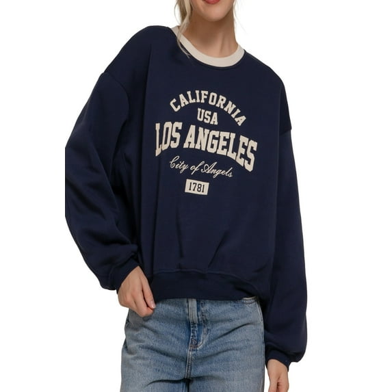 Women's Long Sleeve Printed Oversized Varsity Sweatshirt ? Inner Fleece French Terry