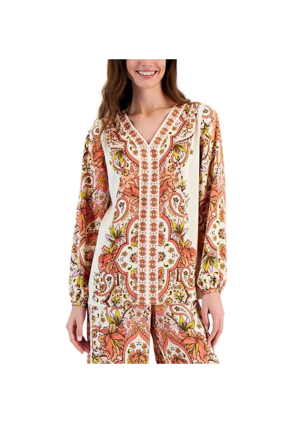 Women's Long Sleeve Printed V-Neck Satin Top Sandshell Combo S