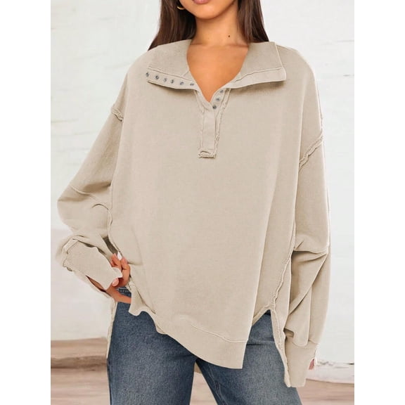 Women's Long Sleeve Pullover Hoodie with Button Neck and Raw Hem Detail - X Large, Beige