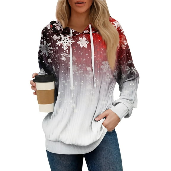 Women’s Long Sleeve Pullover Hoodie with Snowflake Print Drawstring Hood Casual Loose Fit Sweatshirt for Winter
