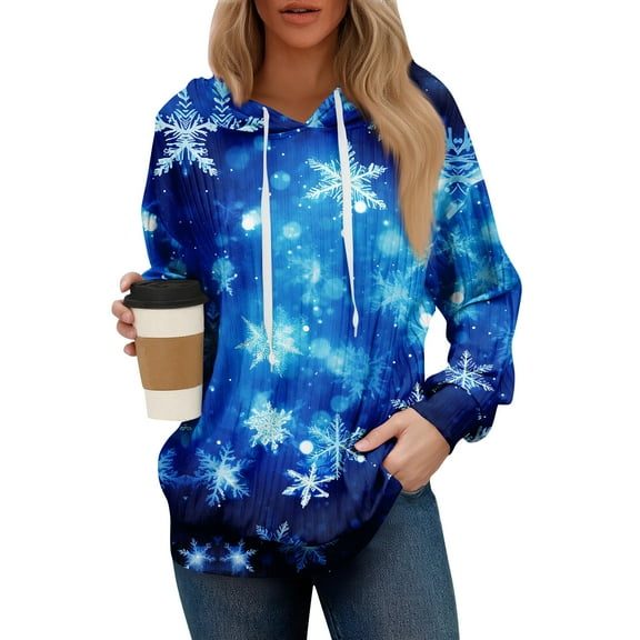 Women’s Long Sleeve Pullover Hoodie with Snowflake Print Drawstring Hood Casual Loose Fit Sweatshirt for Winter