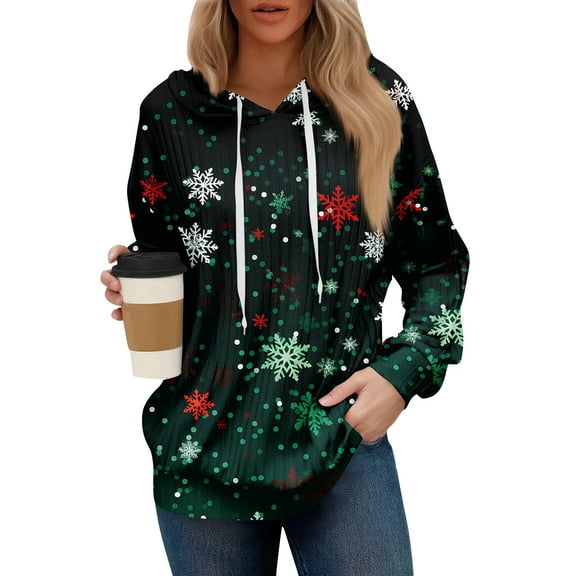 Women’s Long Sleeve Pullover Hoodie with Snowflake Print Drawstring Hood Casual Loose Fit Sweatshirt for Winter