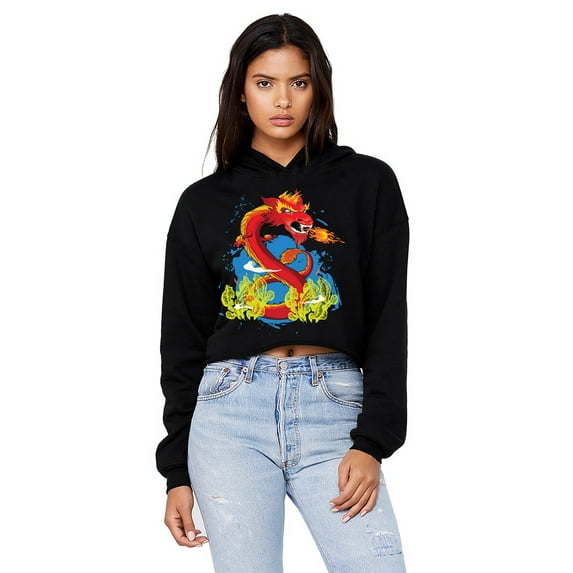 Women's Long Sleeve Pullover Hoodies Crop Tops Sweatshirt Dragon Pocket Print Hoodie for Women Comfortable Yoga Outfit