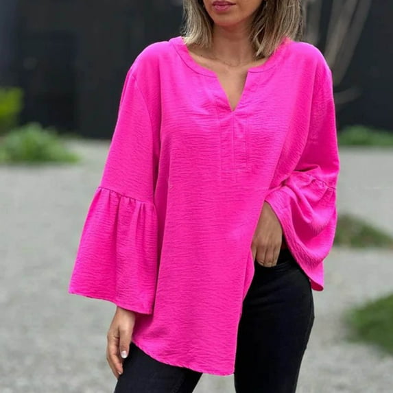 Women's Long Sleeve Pullover Solid Color Casual Comfort Round Neck with Ruffled Detail