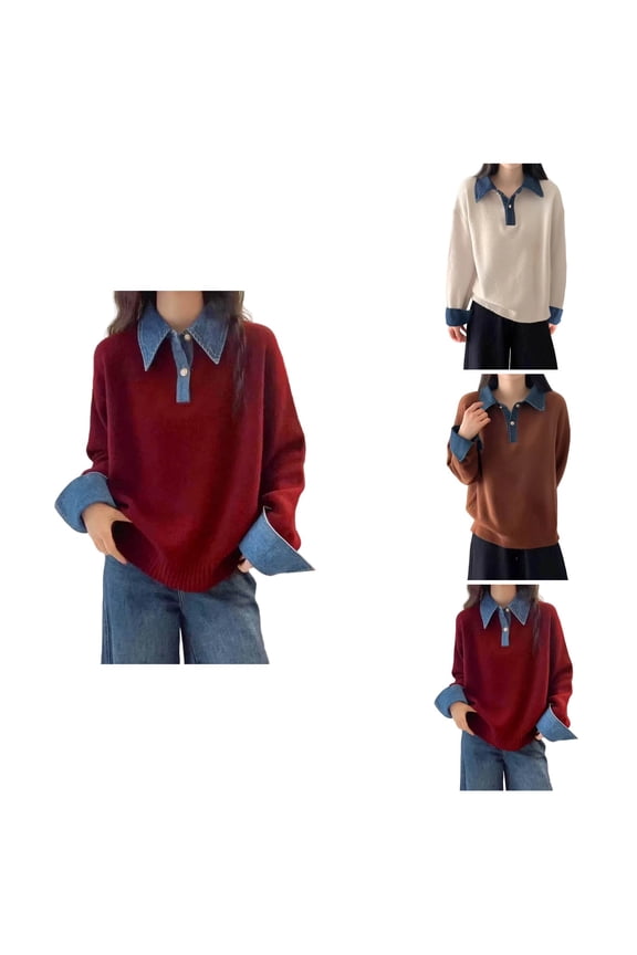 Women's Long Sleeve Pullover Sweater with Detachable Denim Lapel Collar, 2-in-1 Loose Fit Knit Top, Soft Yarn Casual Shirt Style for Fall Winter