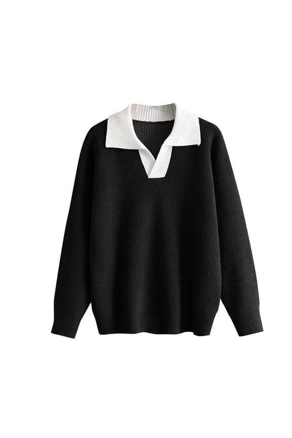 Women's Long Sleeve Pullover Sweaters Casual 2025 Fall Winter Tops Soft Comfy Knit Solid Lapel V Neck Sweater