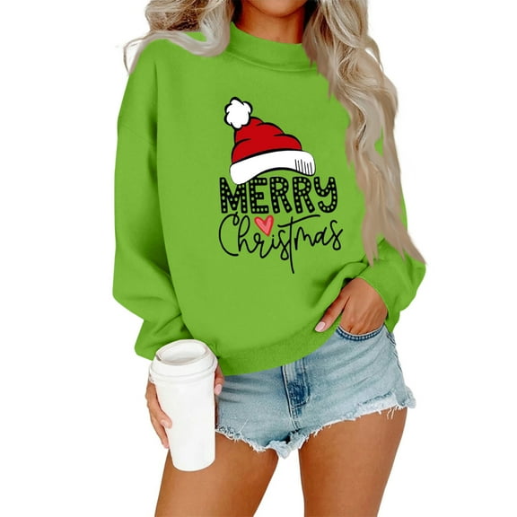 Women’s Long Sleeve Pullover Sweatshirt Casual Loose Fit Crewneck Top with Christmas Hat and Merry Christmas Print