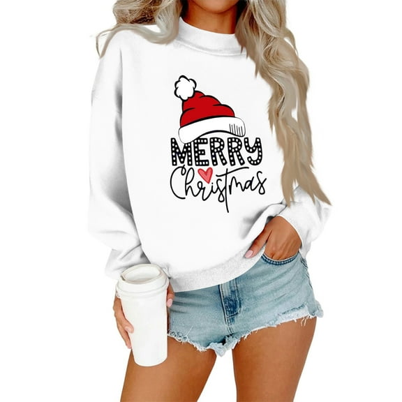 Women’s Long Sleeve Pullover Sweatshirt Casual Loose Fit Crewneck Top with Christmas Hat and Merry Christmas Print