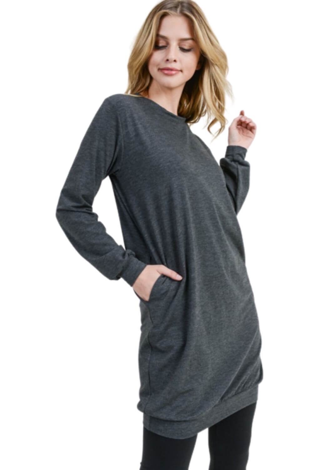 Women's Long Sleeve Pullover Sweatshirt Dress, Charcoal, L