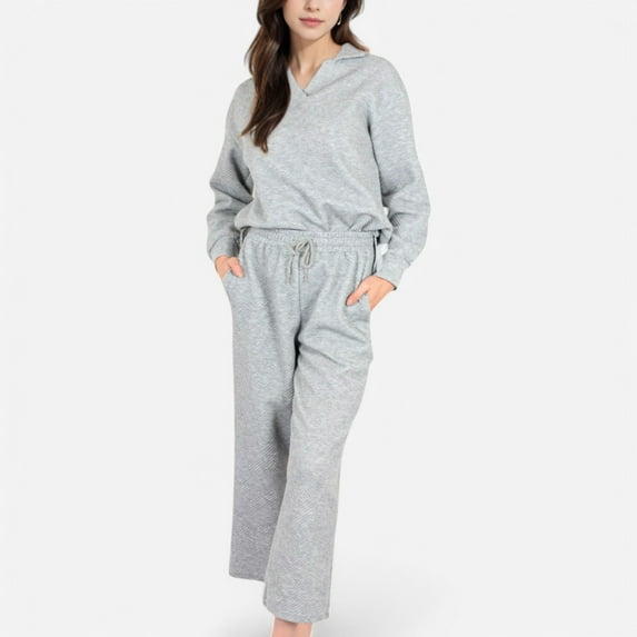 Women's Long Sleeve Pullover and Wide Leg Pants Lounge Set - Medium, Gray