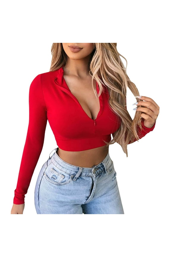 Women's Long Sleeve Quarter Zip Crop Top Lined V Neck Fitted Sexy Cropped Shirt Soft Comfortable Stylish Casual Tee