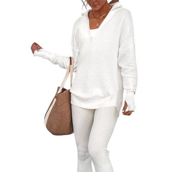 Women's Long Sleeve Quarter Zip Pullover Sweater Casual Loose V Neck Collared Ribbed Knit Tops White XL
