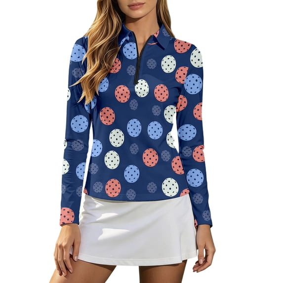 Women's Long Sleeve Quarter Zip Tennis Tshirts Trendy Floral Printed V Neck Workout Tops Ladies Running Yoga Gym Fitness Graphic Tees Navy02 S