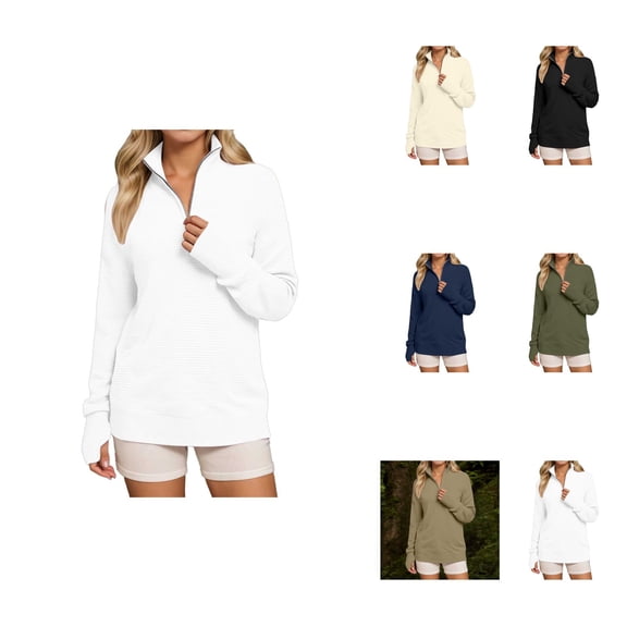 Women's Long Sleeve Quarter-Zip V-Neck Ribbed Knit Sweater – Casual Loose Pullover Top with Thumb Holes