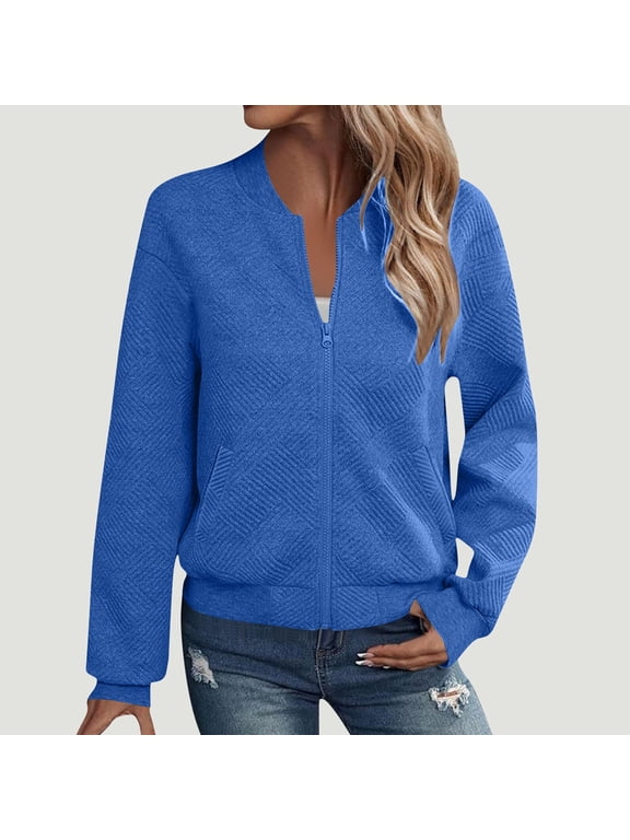 Women's Long Sleeve Quilted Zip-Up Jacket with Pockets Ribbed Baseball Collar Loose Casual Outerwear for Weekend Shopping and Daily Strolls