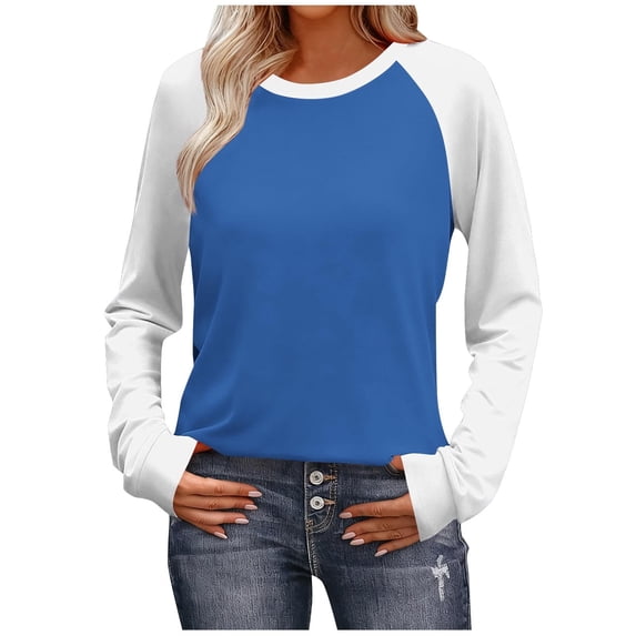 Women's Long Sleeve Raglan T Shirt Casual Color Block Crewneck Tee Pullover Tops Blue L