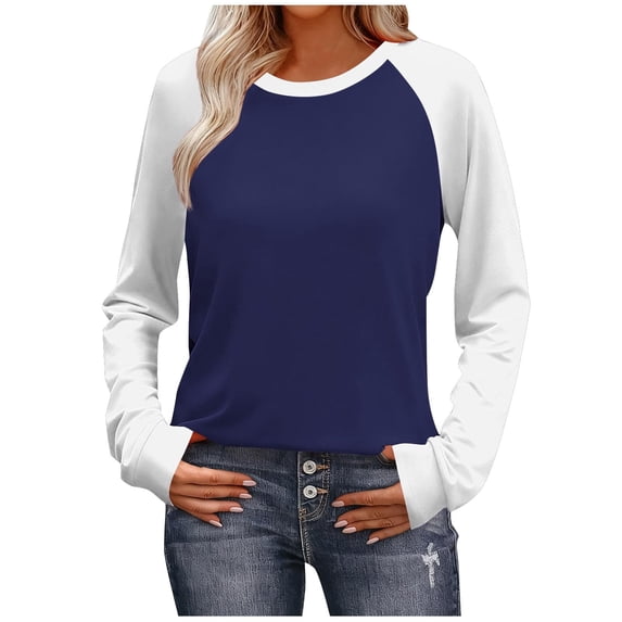 Women's Long Sleeve Raglan T Shirt Casual Color Block Crewneck Tee Pullover Tops Navy 2XL