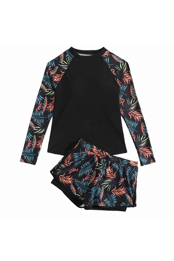 Women's Long-Sleeve Rash Guard 2-Piece Set with Built-In Bra & Swim Shorts Orange Blue M