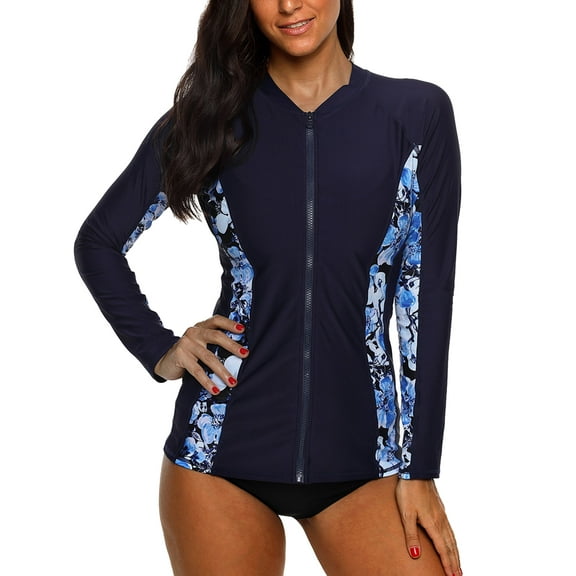Women's Long Sleeve Rash Guard Top Zip Front Sun Protection Swim Shirt