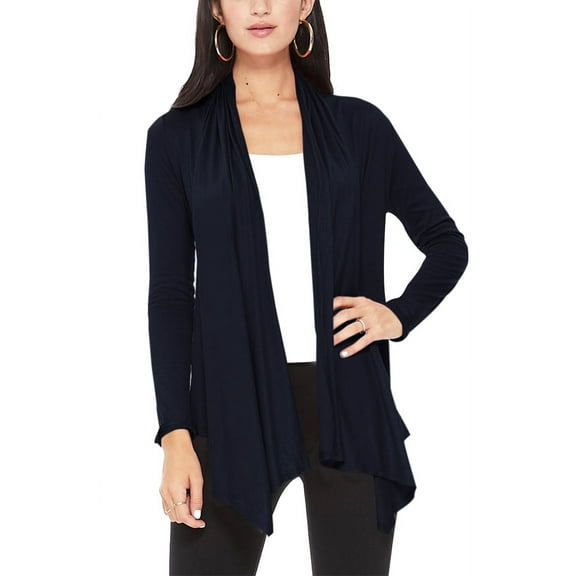Moa Collection Women's Long Sleeve Relaxed Loose Fit Draped Neck Open Front Waist Length Solid Cardigan