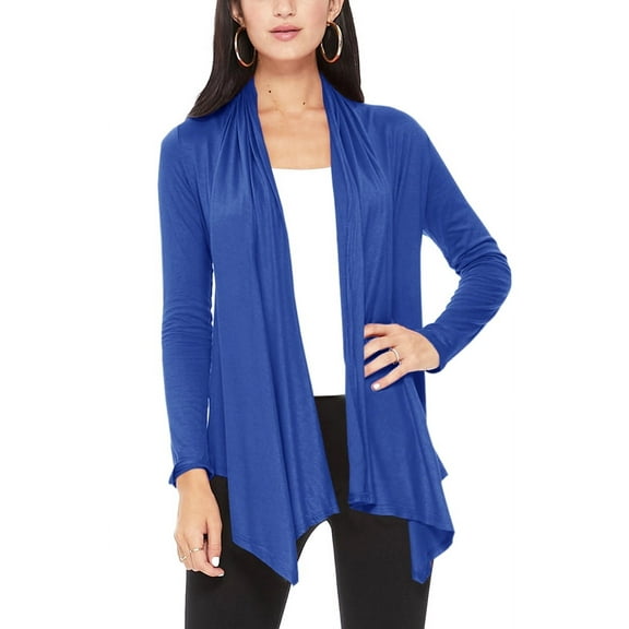 Moa Collection Women's Long Sleeve Relaxed Loose Fit Draped Neck Open Front Waist Length Solid Cardigan