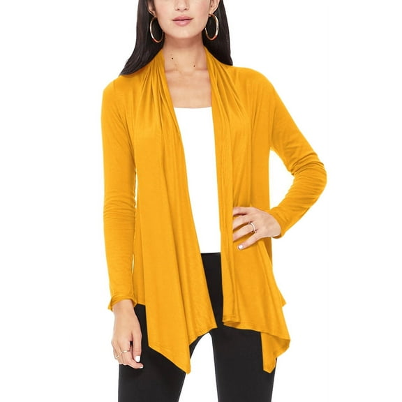 Moa Collection Women's Long Sleeve Relaxed Loose Fit Draped Neck Open Front Waist Length Solid Cardigan