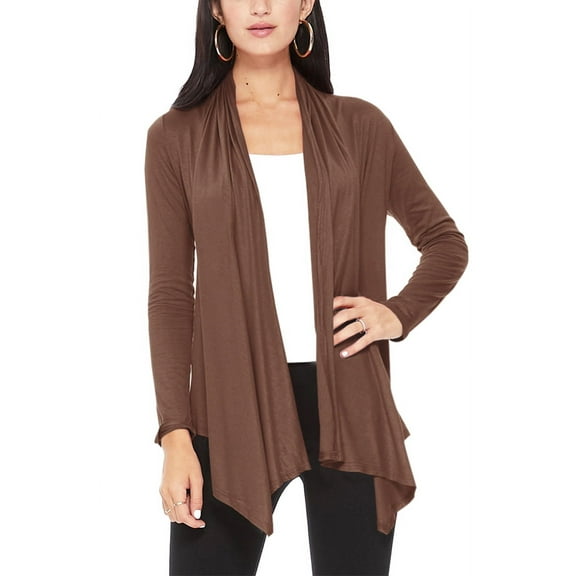Moa Collection Women's Long Sleeve Relaxed Loose Fit Draped Neck Open Front Waist Length Solid Cardigan