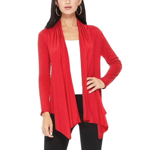 Moa Collection Women's Long Sleeve Relaxed Loose Fit Draped Neck Open Front Waist Length Solid Cardigan