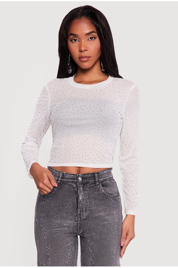 Women's Long Sleeve Rhinestone Mesh Crop Top