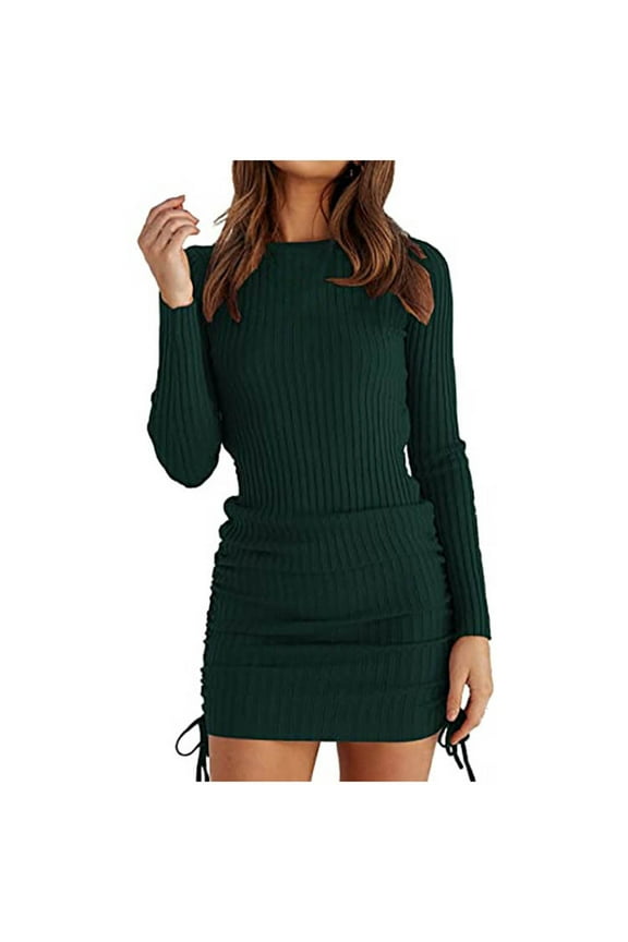 Women's Long Sleeve Ribbed Knit Dress Crewneck Solid Wrap Dresses Drawstring Slim Fit Fall Pencil Mini Bodycon Dress