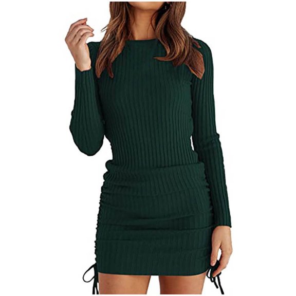 Women's Long Sleeve Ribbed Knit Dress Crewneck Solid Wrap Dresses Drawstring Slim Fit Fall Pencil Mini Bodycon Dress
