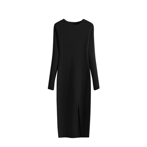 Women's Long Sleeve Ribbed Knit Sweater Dress Casual Crew Neck Slim Fit Side Split Knitted Midi Dress