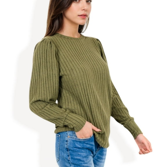 Women's Long Sleeve Ribbed Knit Sweater with Gathered Shoulders - Large, Green