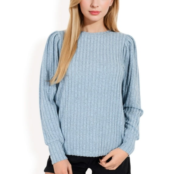 Women's Long Sleeve Ribbed Knit Sweater with Gathered Shoulders - Small, Blue