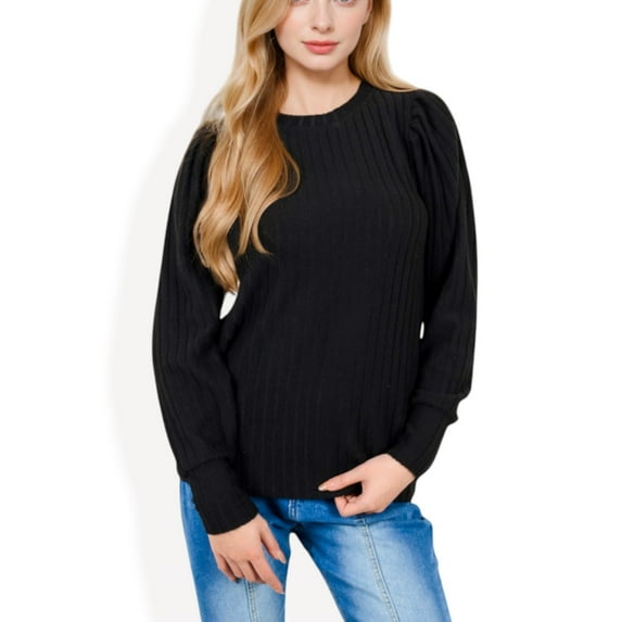 Women's Long Sleeve Ribbed Knit Sweater with Gathered Shoulders - X Large, Black