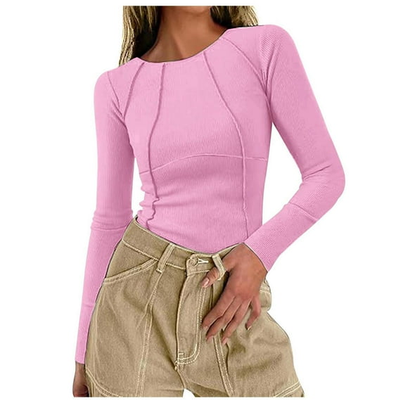 Women's Long Sleeve Ribbed Knit T-Shirt Autumn Casual Slim Fit Round Neck Seam Basic Top Comfortable Stylish
