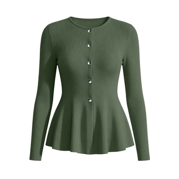 Women's Long Sleeve Ribbed Knit Top Ghalytn Button Front Peplum Fitted Casual Blouse