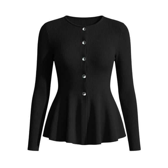 Women's Long Sleeve Ribbed Knit Top Ghalytn Button Front Peplum Fitted Casual Blouse