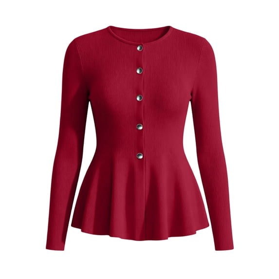 Women's Long Sleeve Ribbed Knit Top Ghalytn Button Front Peplum Fitted Casual Blouse
